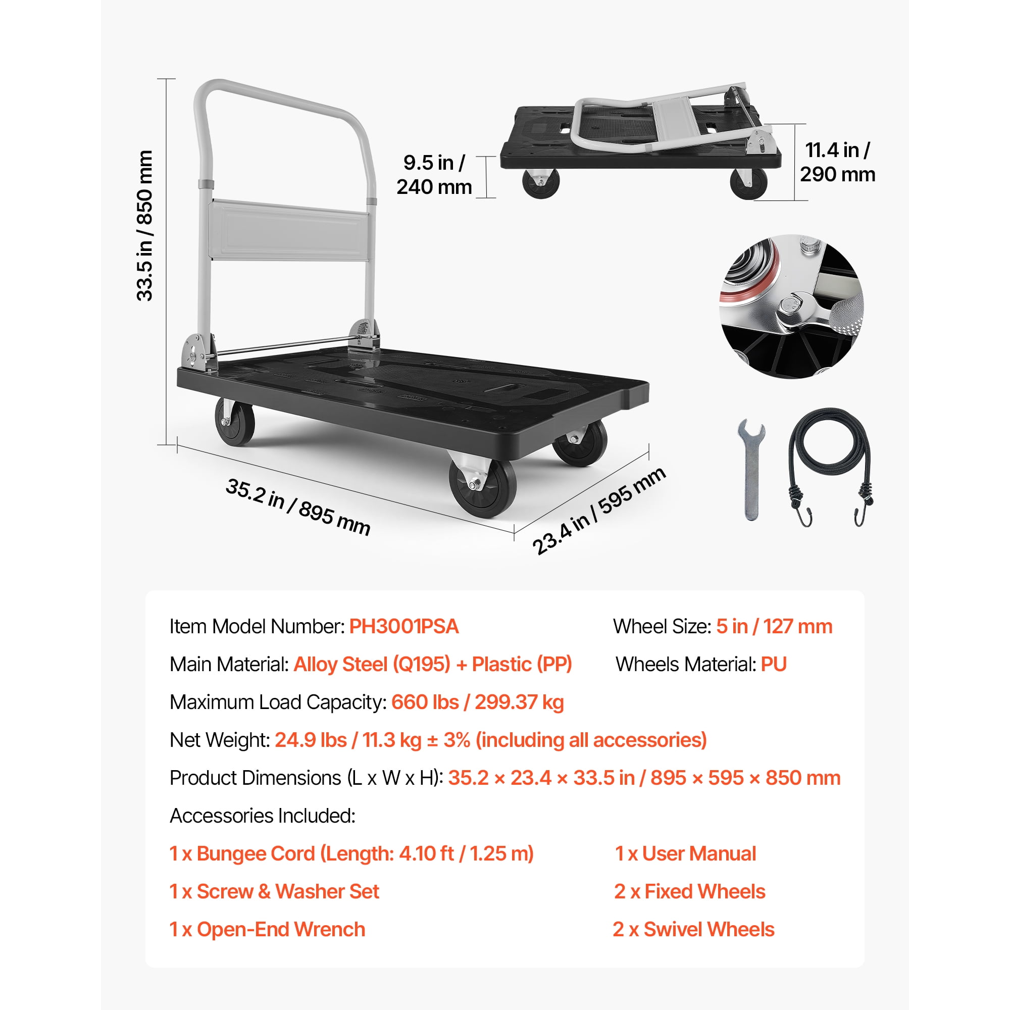 KFFKFF Foldable Push Cart Dolly, 660 lbs Load Capacity, Folding Platform Truck with Rotating Wheels, Flatbed Hand Truck for Transport, Compact Push Handle for Convenient Storage,35.2 x 23.4 x 33.5 in