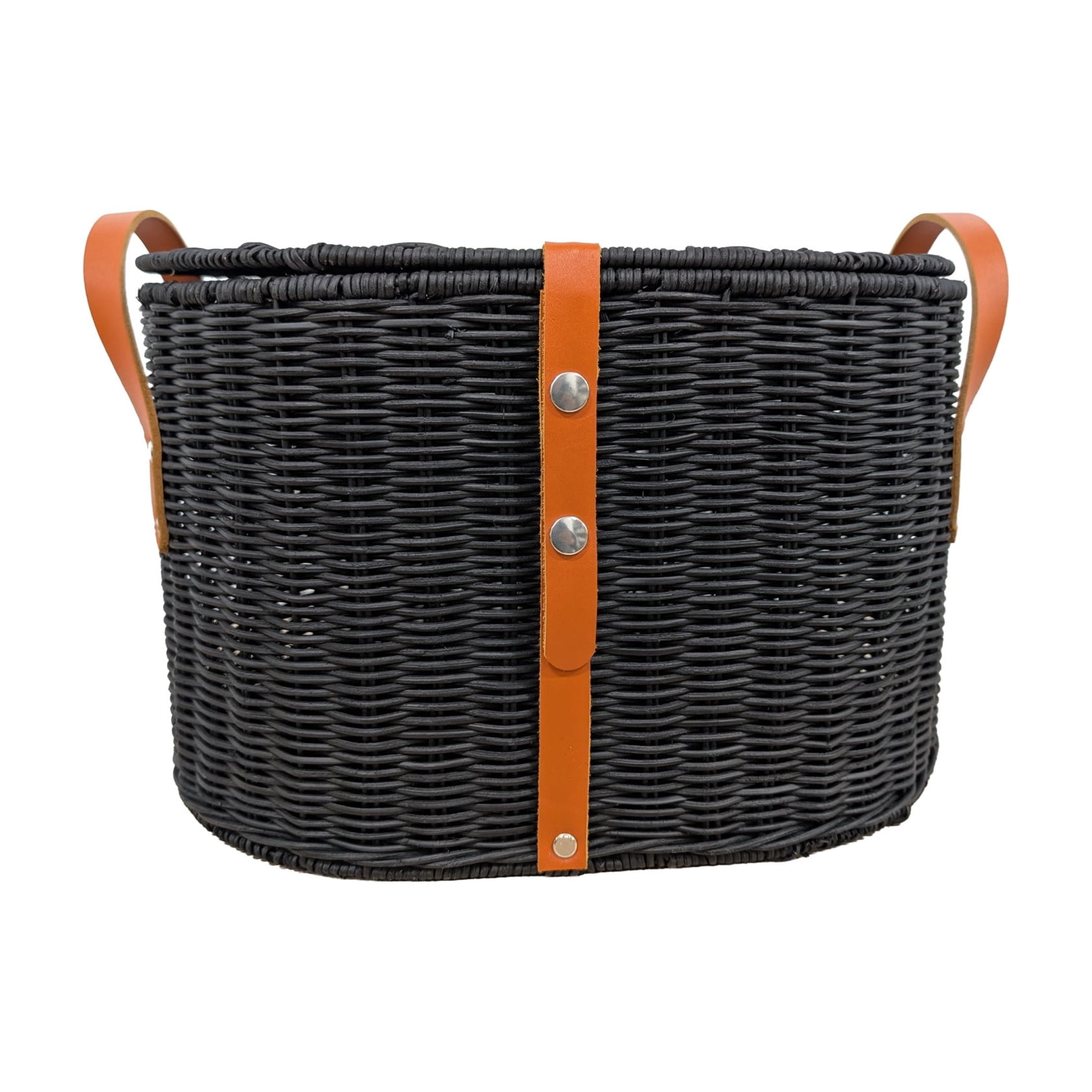 DecMode 16" x 11" Black Rattan Handmade Woven Storage Basket with Brown Leather Handles, 1-Piece