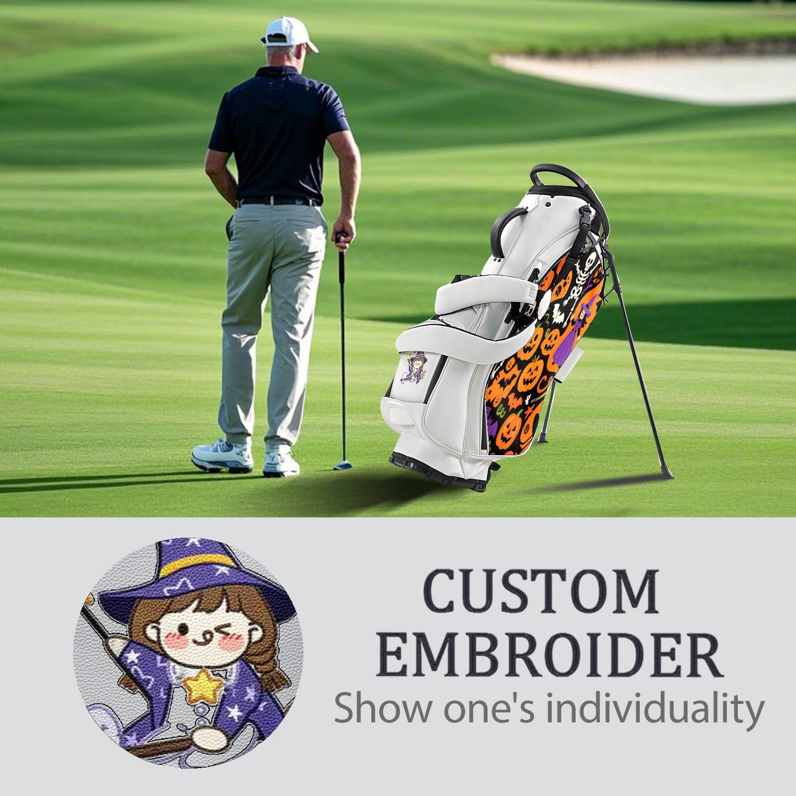 Black White Waterproof Durable Leather Golf Stand Bag 14 Ways Divider Large Capacity & Adjustable Shoulder Straps Golf Club Bag for Men and Women Pumkin