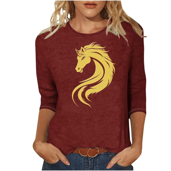 YUGYXL Women Horse T-Shirt Casual 3/4 Sleeve Tops Horse Gifts for Girls Animal Lovers Wildlife Shirts Hot Pink XL