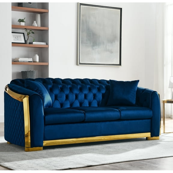 LiviNest Velvet Chesterfield Sofa Couch: Luxury Tufted 3 Seater with Gold Stainless Legs - Italian Velvet Upholstery for Hotel Lobby & Premium Rental Living Room