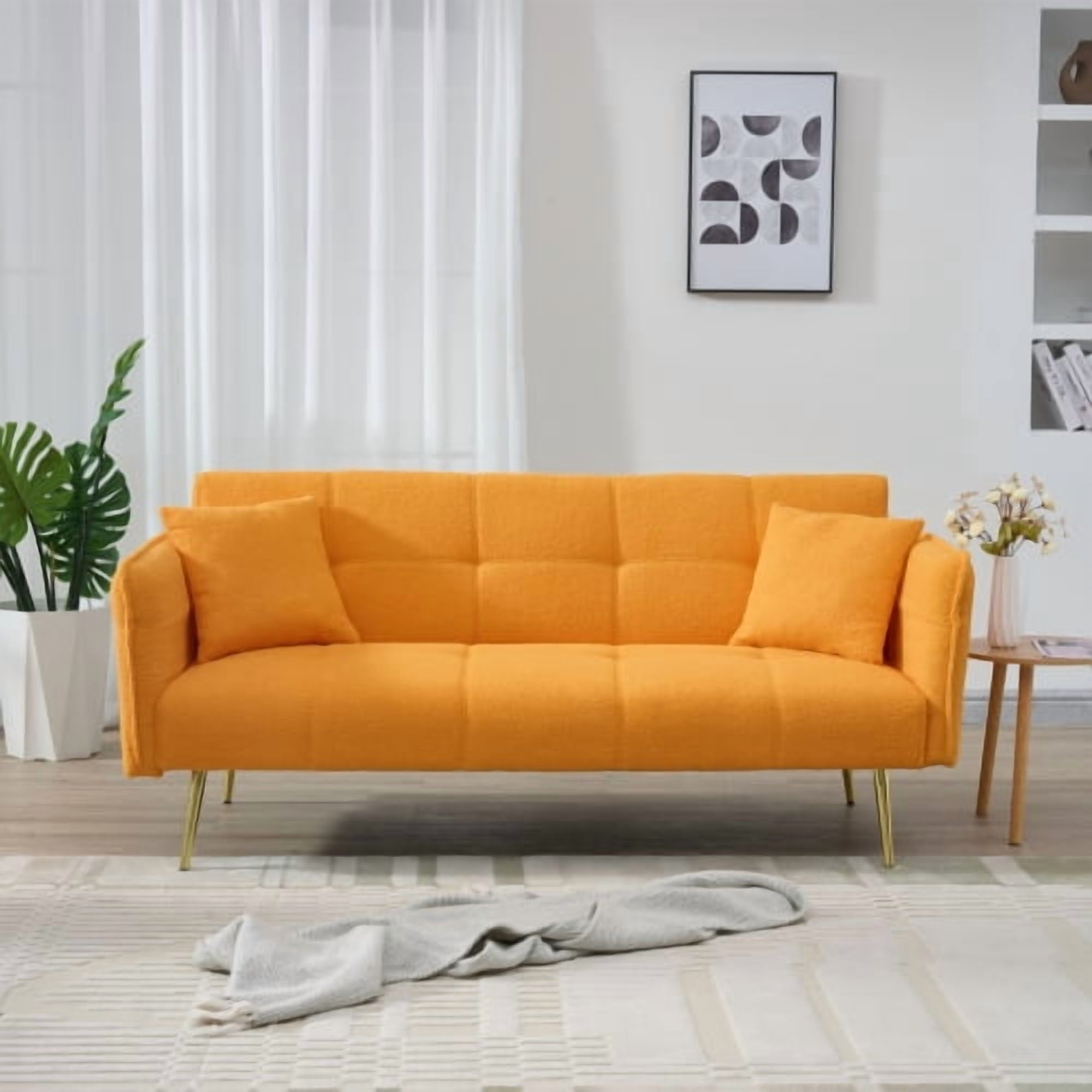 BSHTI 70.1 inch Futon Sofa Couch, Modern Convertible Double Sofa Bed with Folding Armrests for livingroom,Yellow