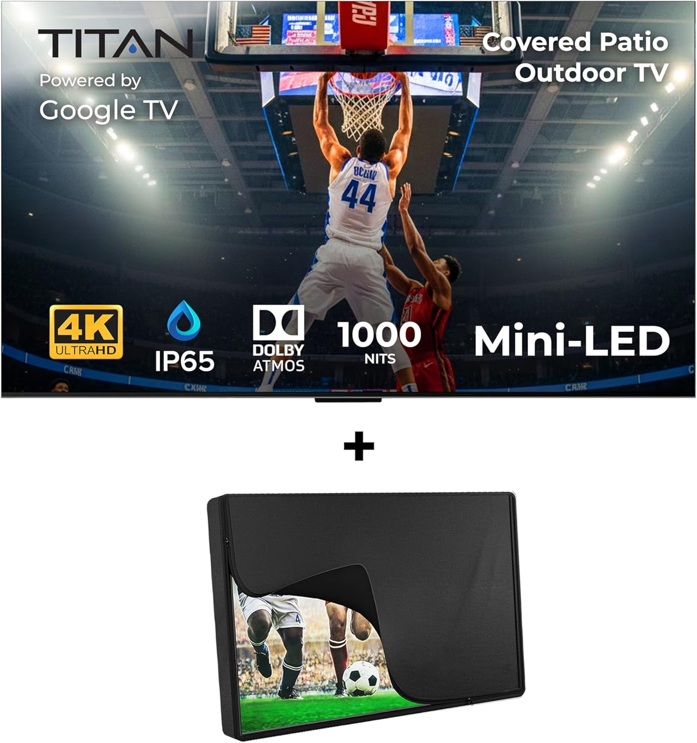 Titan G100 Mini-QLED 85 Inch Outdoor TV, Covered Patio, IP65 Smart Weatherproof TV, 4K HDR, 144 Hz, Google AI OS, 1000 Nits, Wi-Fi 5, Dolby Vision&Atmos, Onkyo, Outdoor TV Cover, Slim Bezel, 2 Yr Wty