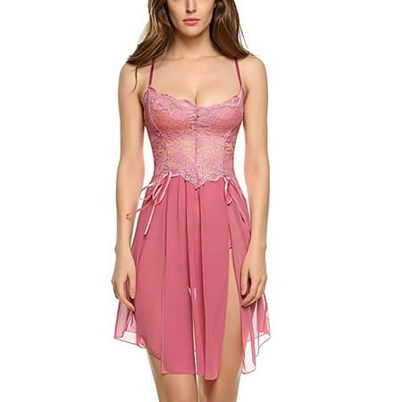 LEVEFORD Women Strap Lace Lingerie Sleepwear Floral Lace Sheer Chemise Irregular Hem Nightdress with Thong Negligees Babydoll