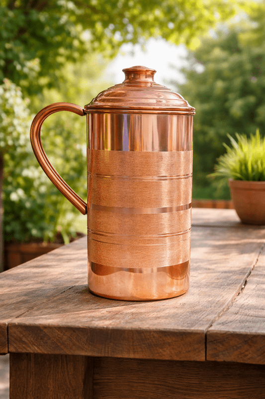 Pure Copper Silver Touch Jug for Drinking Water, Copper Pitcher, High Quality Copper Water Jug Handmade India Ayurveda Yoga Healthy (1.5 Ltr)