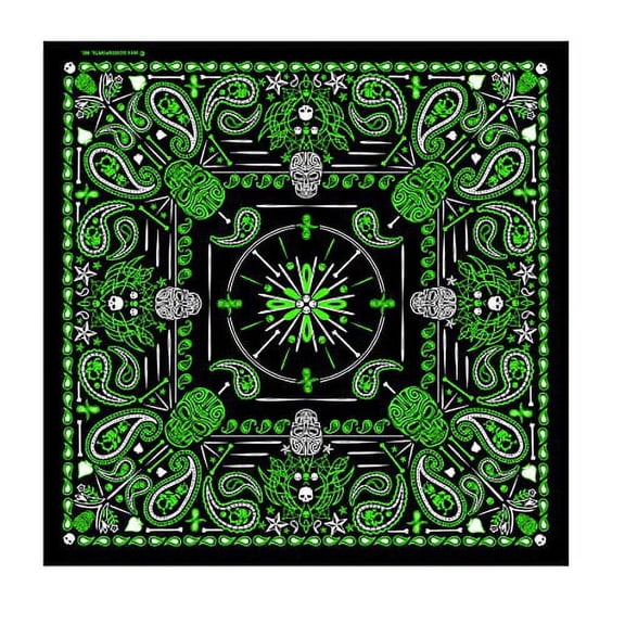 Hot Leathers Signature Bikers Bandanas Collection Original Design, 21" x 21" - BANDANA MENS GREEN PAISLEY SKULL