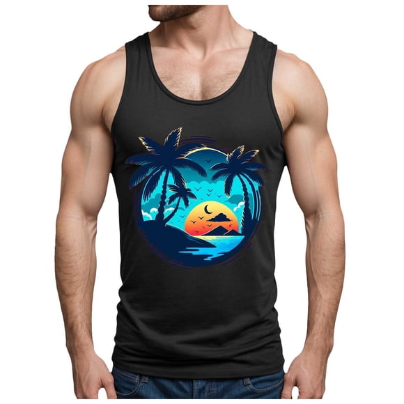 Qopobobo Mens Tank Top Men's Beach Coconut Printed Cotton Like Sleeveless Vest For Leisure And Vacation Black,XL