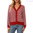thumbnail image 2 of Lixiuxyad ‌Women's V-Neck Striped Knit Cardigan Long Sleeve Button-Front Summer Knit Tops,Red, 2 of 6