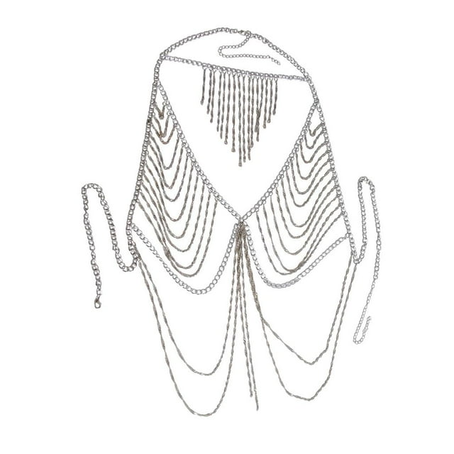 Bra Bikini Mujeres Halter Crossover Tassel Zulema cadena de cuerpo de múltiples capas color plata