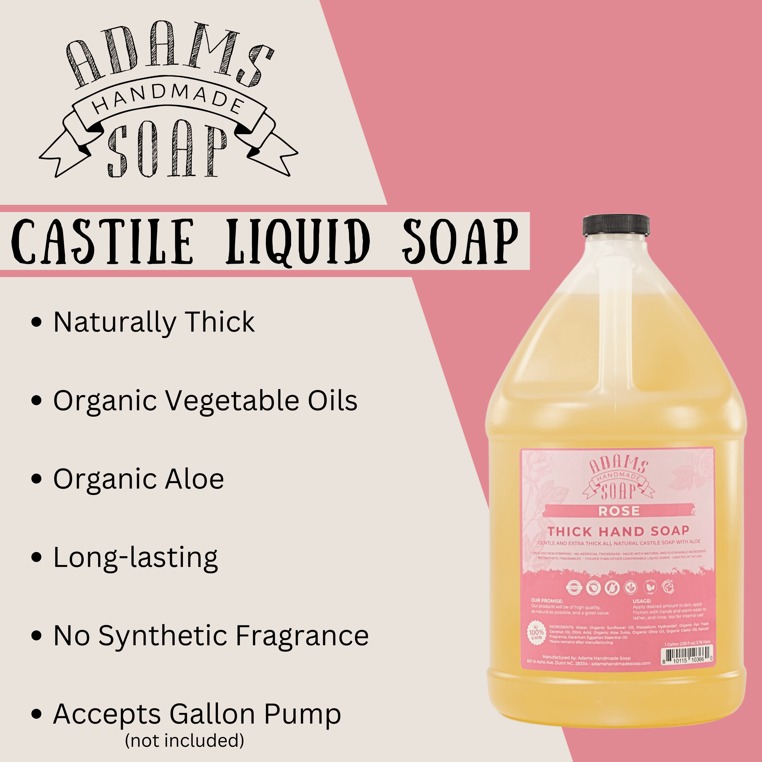 Rose Organic Liquid Castile Hand Soap 1 Gallon Refill Adams Handmade Soap