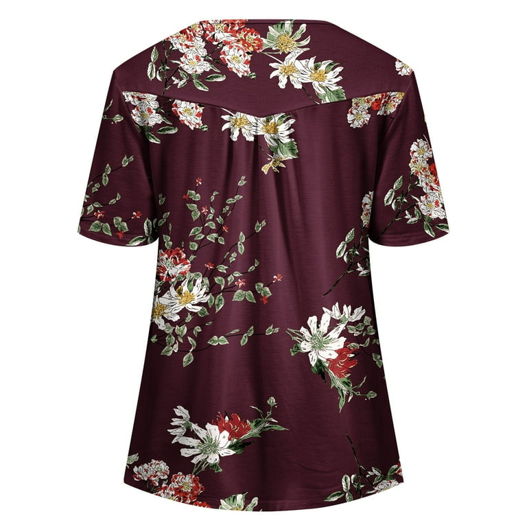 HAPIMO Summer Shirts for Women Button V-Neck T-shirt Boho Floral Print Tops  Fashion Tummy Control Clothes for Girls Short Sleeve Tees Pleat Flowy