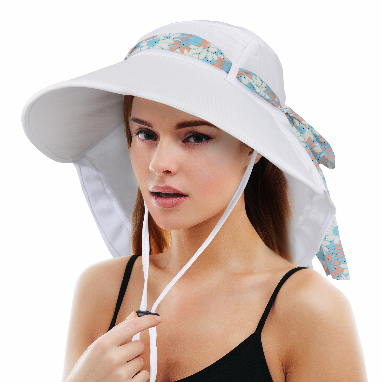 Sun Blocker Women's Sun Hat Wide Brim Flap Cap with Floral Ribbon for