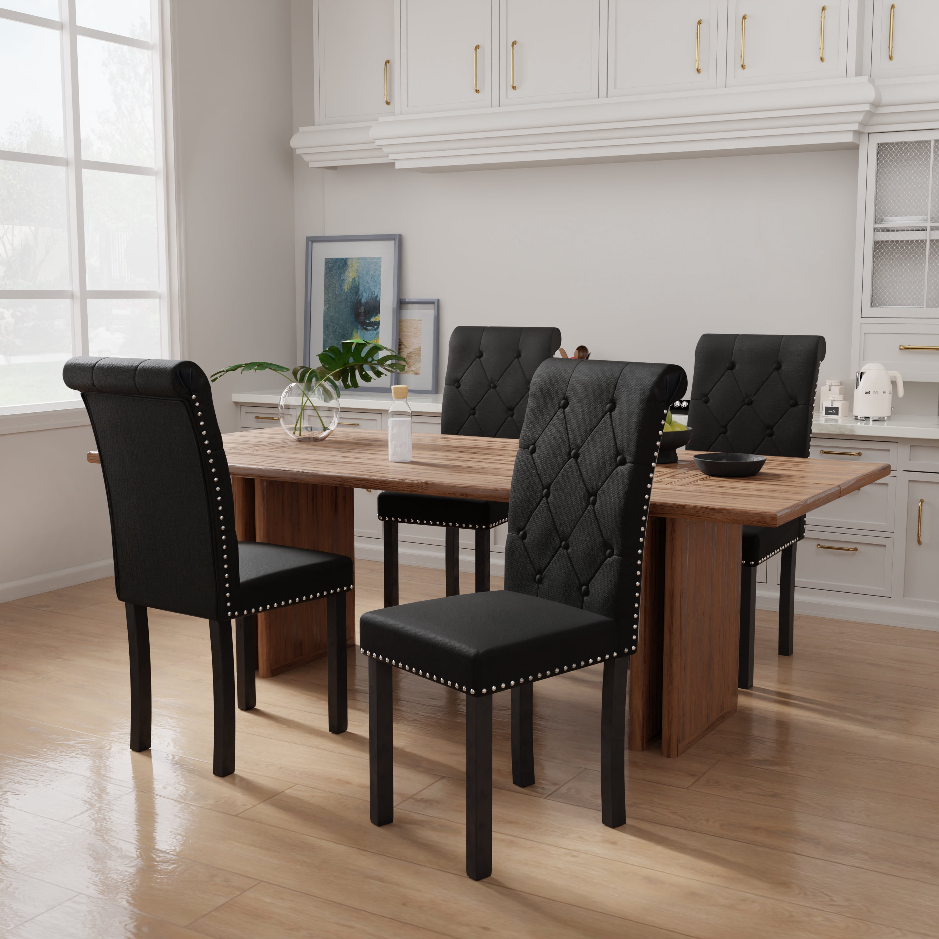 DONICK Rolled-Up High-Back Upholstered Dining Chairs With Tufted Solid Wood Legs Nailhead Trim For Home,Restaurant,Dining Room(Black,Set of 2)
