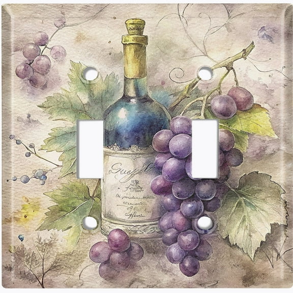 Metal Light Switch Wall Plate Outlet Cover (Grapes and Wine Bottle - Double Toggle)
