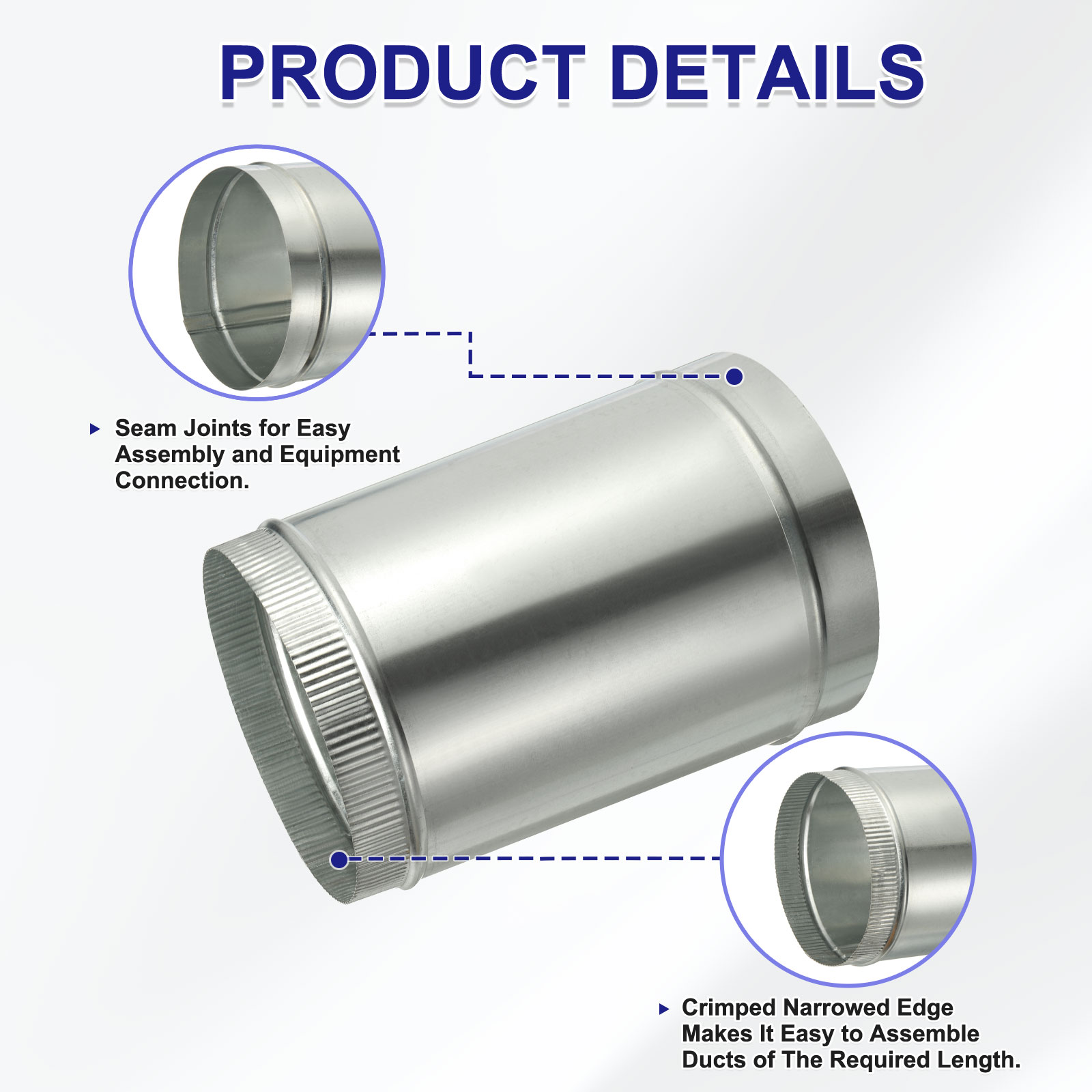 Uxcell 8 x 12 Inch Round Dryer Duct, 2PCS Galvanized Steel Crimped Straight Air Vent Duct Extension Coupler Pipe Adapter Connector for HVAC Dryer Hood Ventilation Chimney, Silver