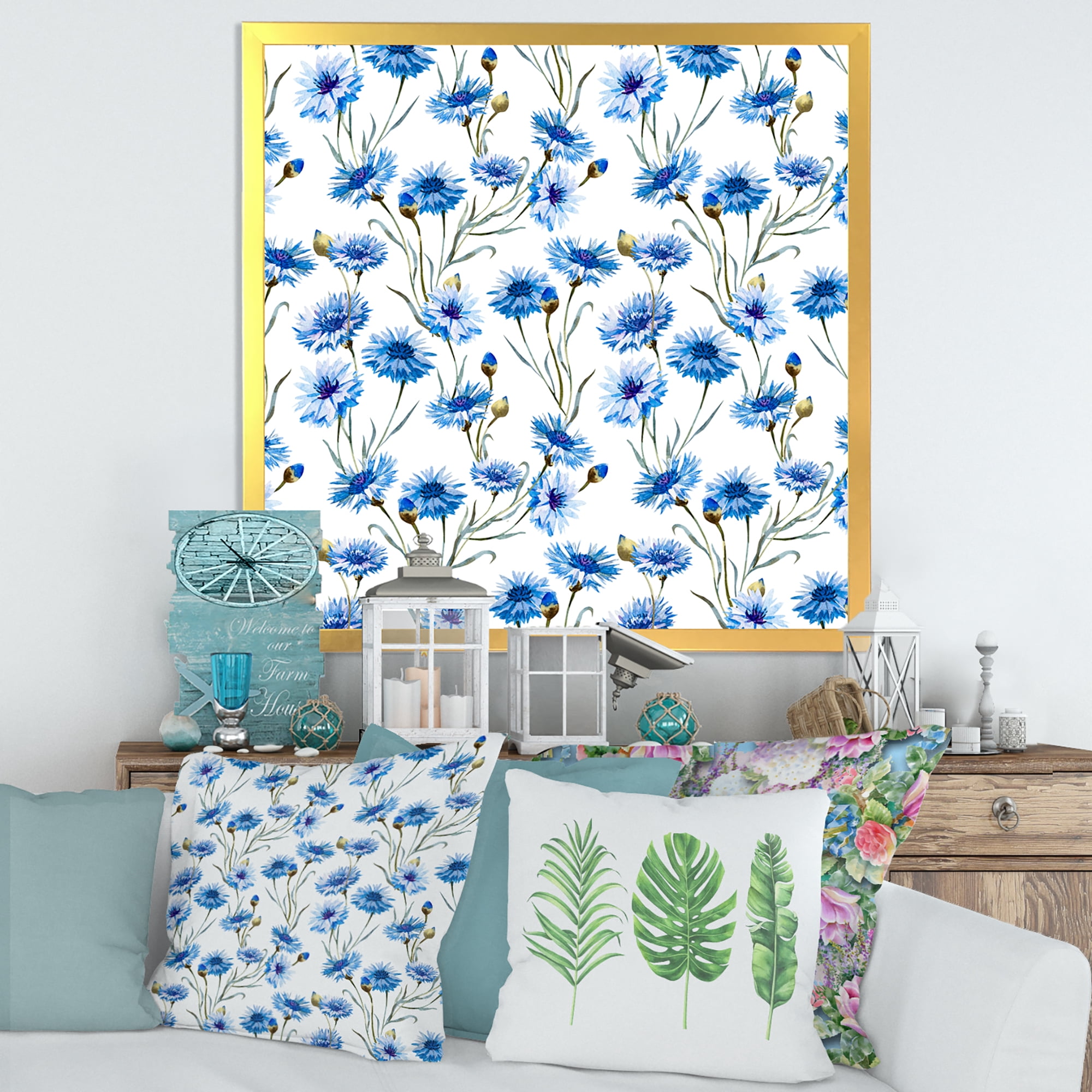 Designart 'Blue Cornflowers With Green Leaves On White II' Traditional Framed Art Print