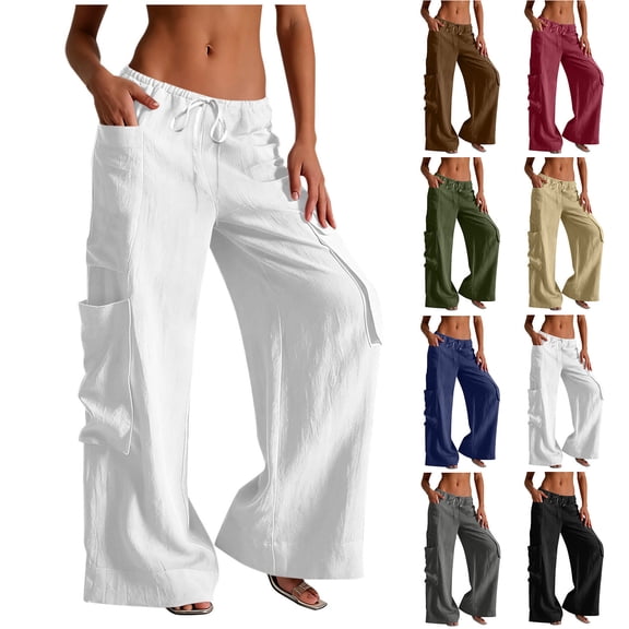 Oksale Low Rise Pants for Women with Pockets Pull On Lightweight Casual Cotton Pants 2026 Loose Wide Leg Summer Pants Khaki S