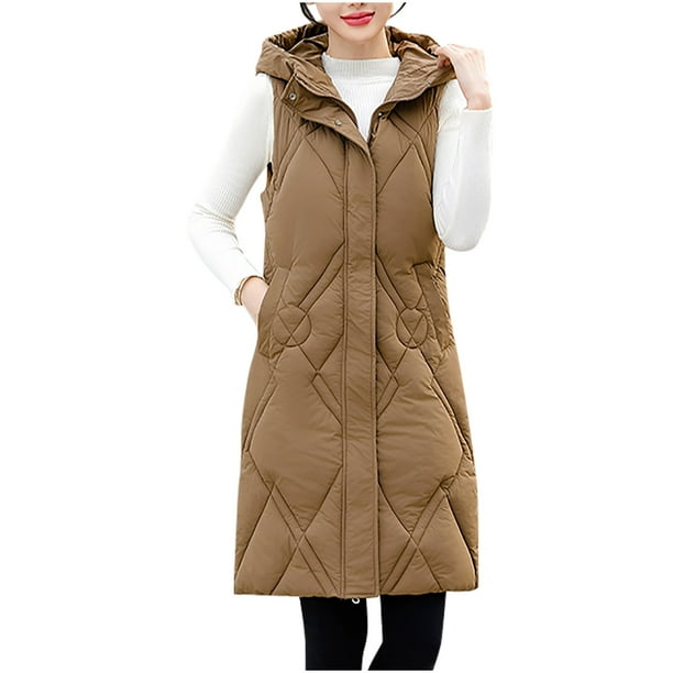 Abrigo largo con capucha y bolsillo cálido para mujer, chaqueta de invierno sin mangas, parka de plumón, abrigo para mujer