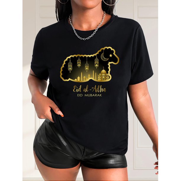 Camiseta informal de cuello redondo para mujer con estampado de ovejas y farolillos de Eid al-Mubarak, 100 % algodón, semitransparente, para primavera/verano/otoño, ropa informal | Corte holgado | Tej