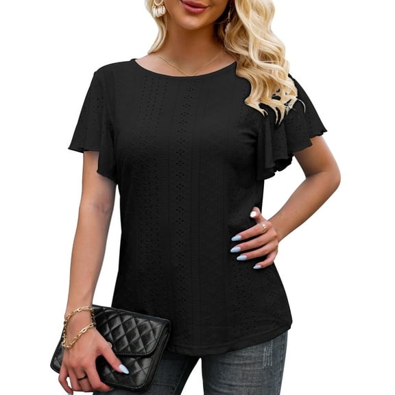 Beecarchil Women Casual Ruffle Short Sleeve Tops Summer Crew Neck Eyelet Shirts Flowy Dressy Tunic Blouses Black S