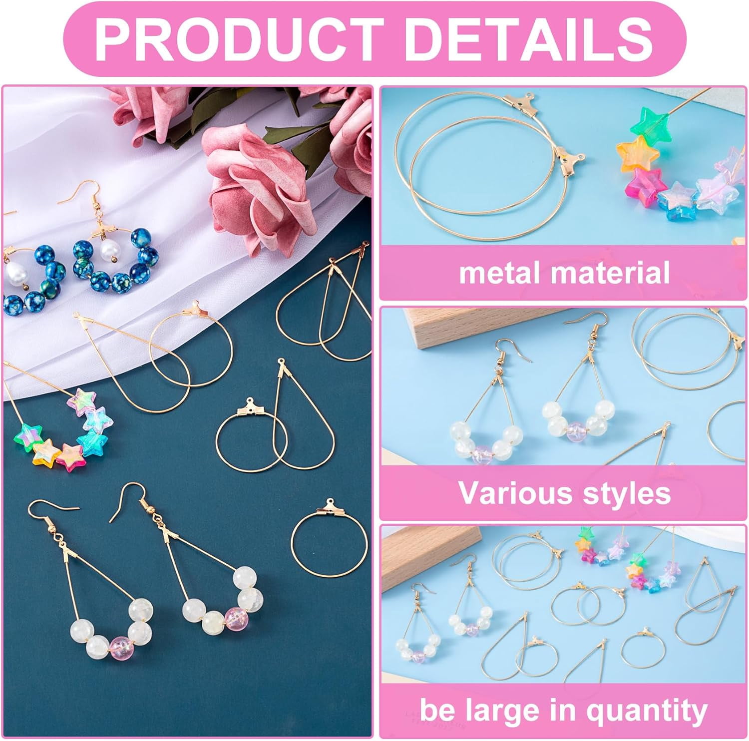 700pcs Hypoallergenic Hoop Earrings Making Kit, Mix Size Earring Beading Hooks for Women, Spring Earring Wire Hooks Pads Accessories for DIY Jewelry Making- Gold