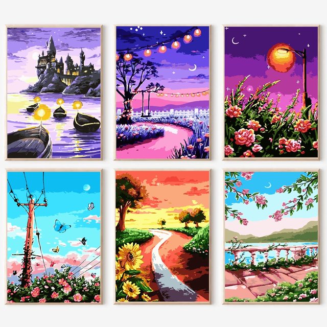 6 paquetes de kits de pintura por números para adultos principiantes, pintura bohemia acrílica fácil por número, kits de pintura de acuarela por números sobre lienzo sin marco para decoración de la pa