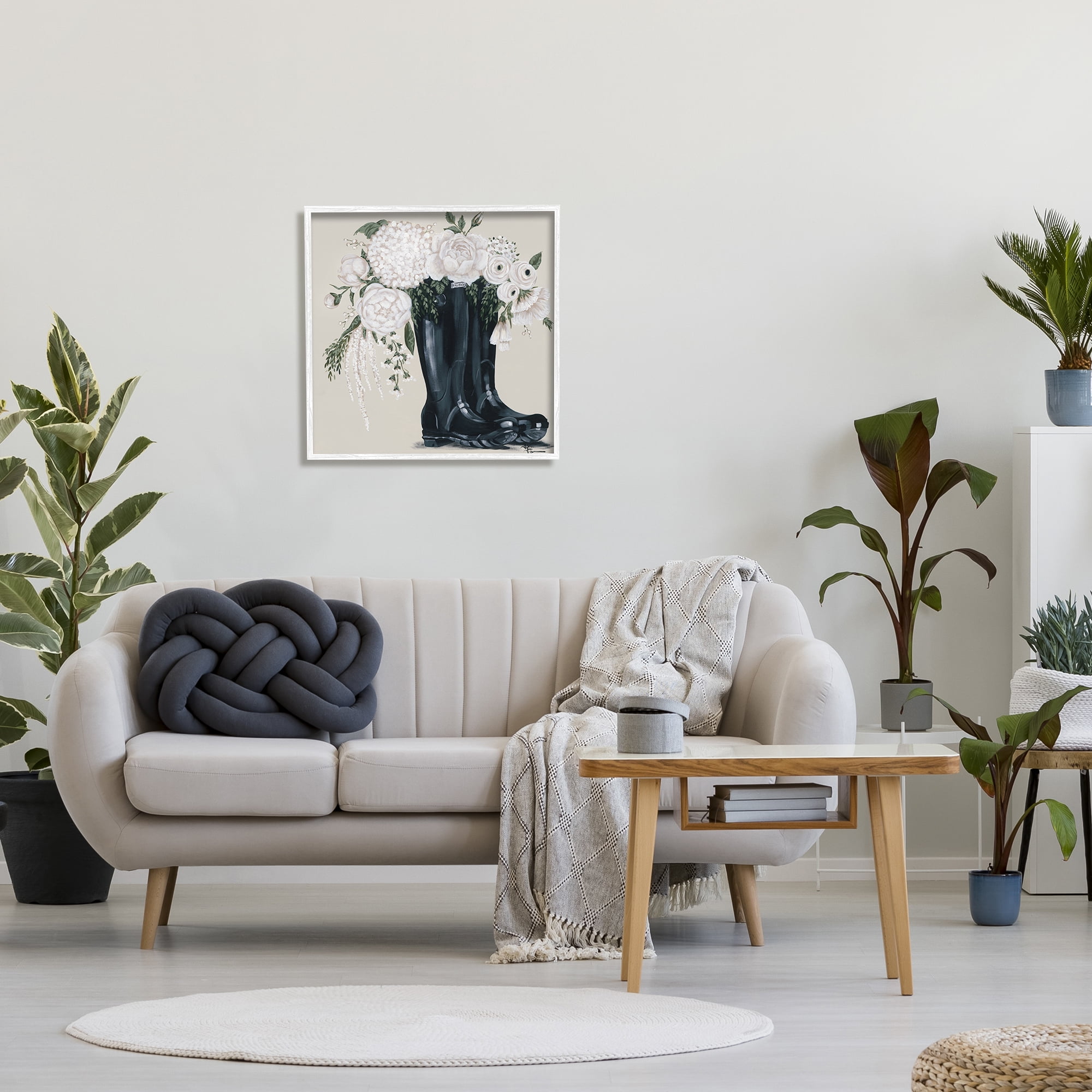 Stupell Industries White Flower Arrangement in Black Boots Painting, 24 x 24,Design by Penny Lane Publishing