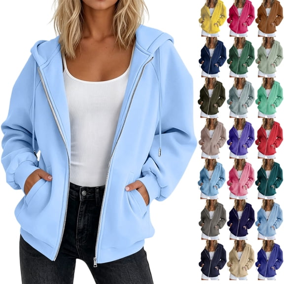 Women Hoodied Blouse Long Sleeve Tops Sweatshirt Pockets Plus Size Zip up Drawstring Solid Long Sleeve Hoodies Sweatshirts