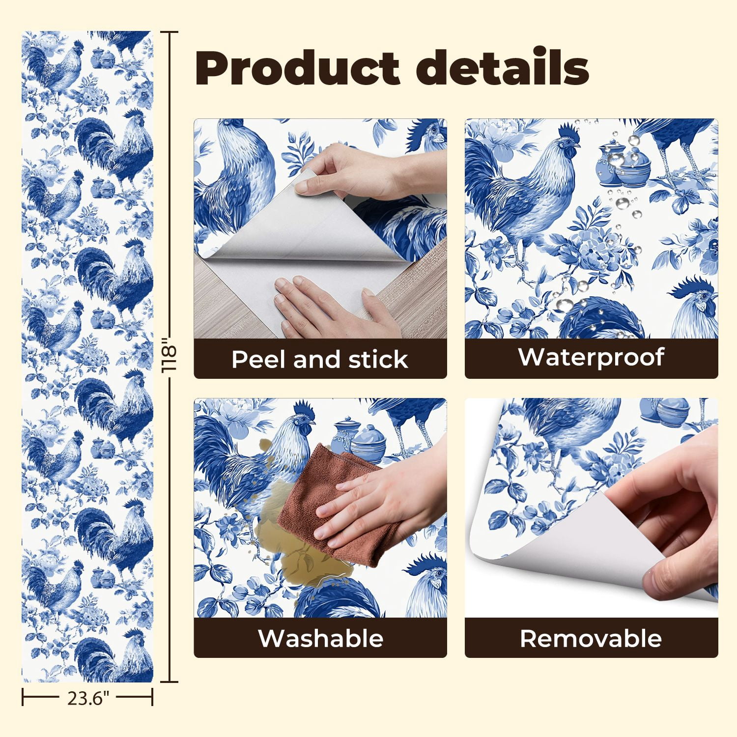 Chicken Peel and Stick Wallpaper Roosters Chickens Blue White Toile Floral Wall Mural 23.6in x 9.8ft Self Adhesive Removable Wall Paper Renter Friendly Wallpaper for Nursery Bedroom Cabinets