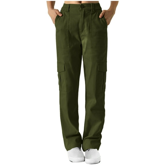 IROINNID Women's Pants Solid Sports Flat Front High Waist Casual Pants with Multi Pocket,Olive Green