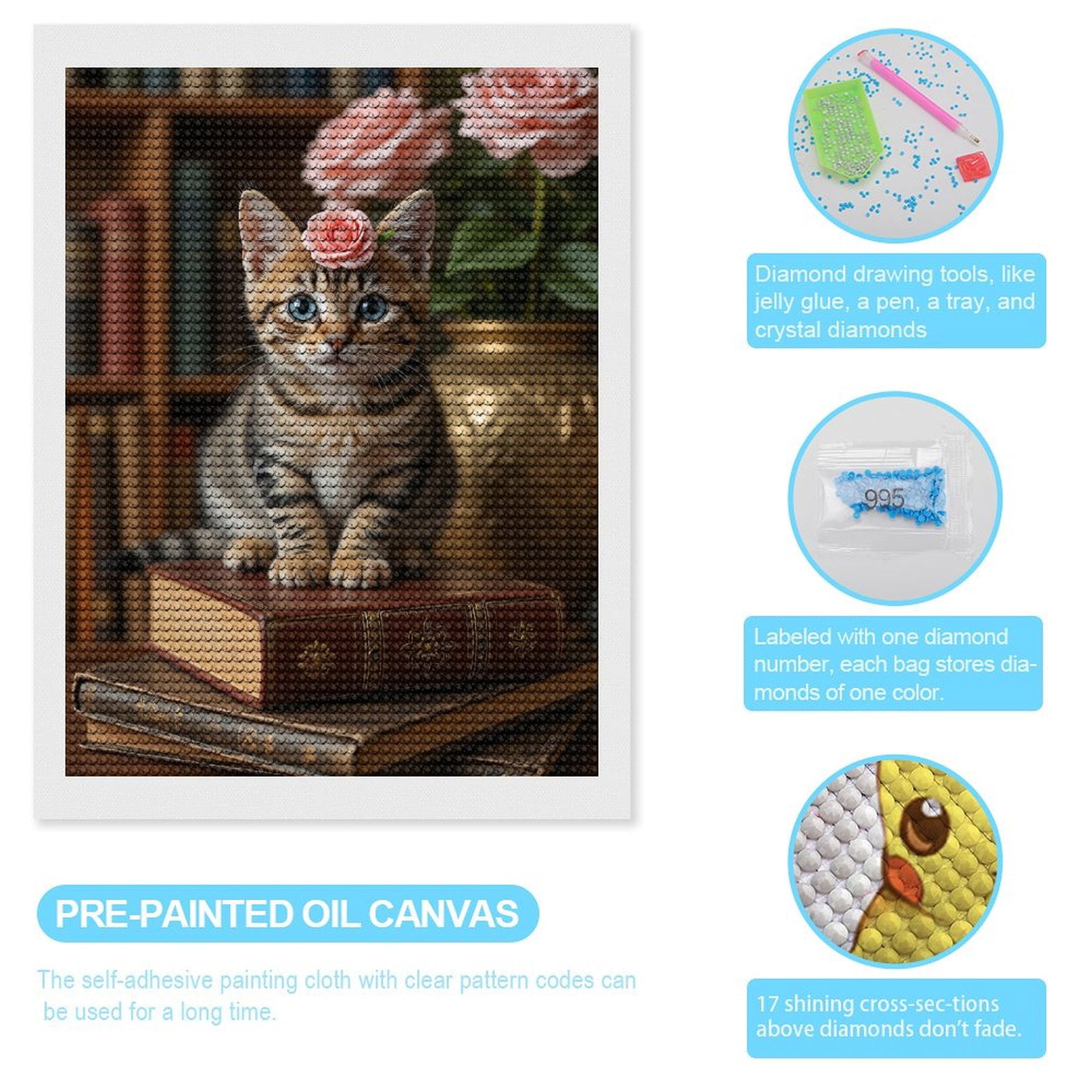 Diamond Art Kits for Adults, Cat With Pink Rose On Books 5D Diamond Painting Kits for Adults Beginners, DIY Full Drill Diamond Painting, Gem Art and Crafts 12x16
