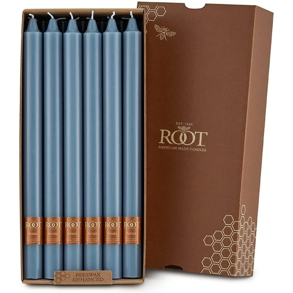 ROOT 12 inch Unscented Smooth Arista Taper Candles box of 12 Williamsburg Blue