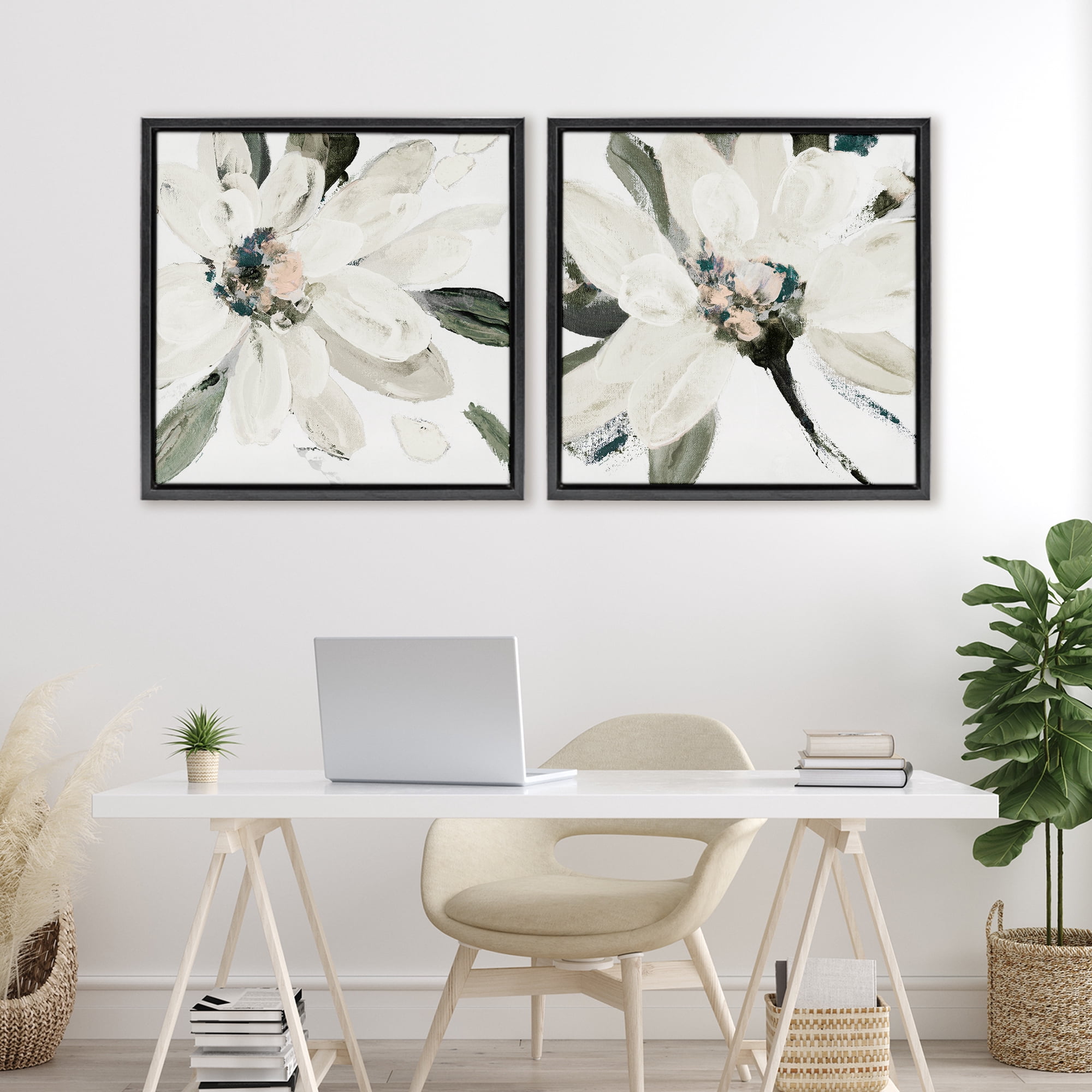Stupell Industries Naturally Blooming White Flowers 2 Piece Black Framed Floater Canvas Set, design by Lanie Loreth