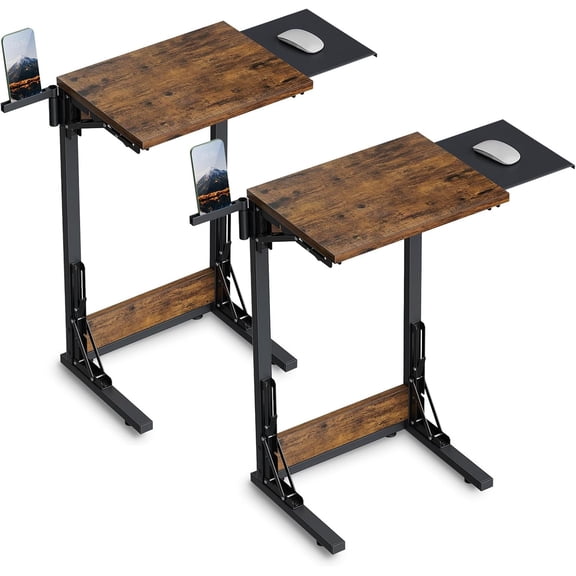 Folding TV Tray Set of 2, Foldable Laptop Table with Mouse Tray for Work, C Shaped End Table for Couch, Sofa Side Desk for Living Room, Bedroom, Brown