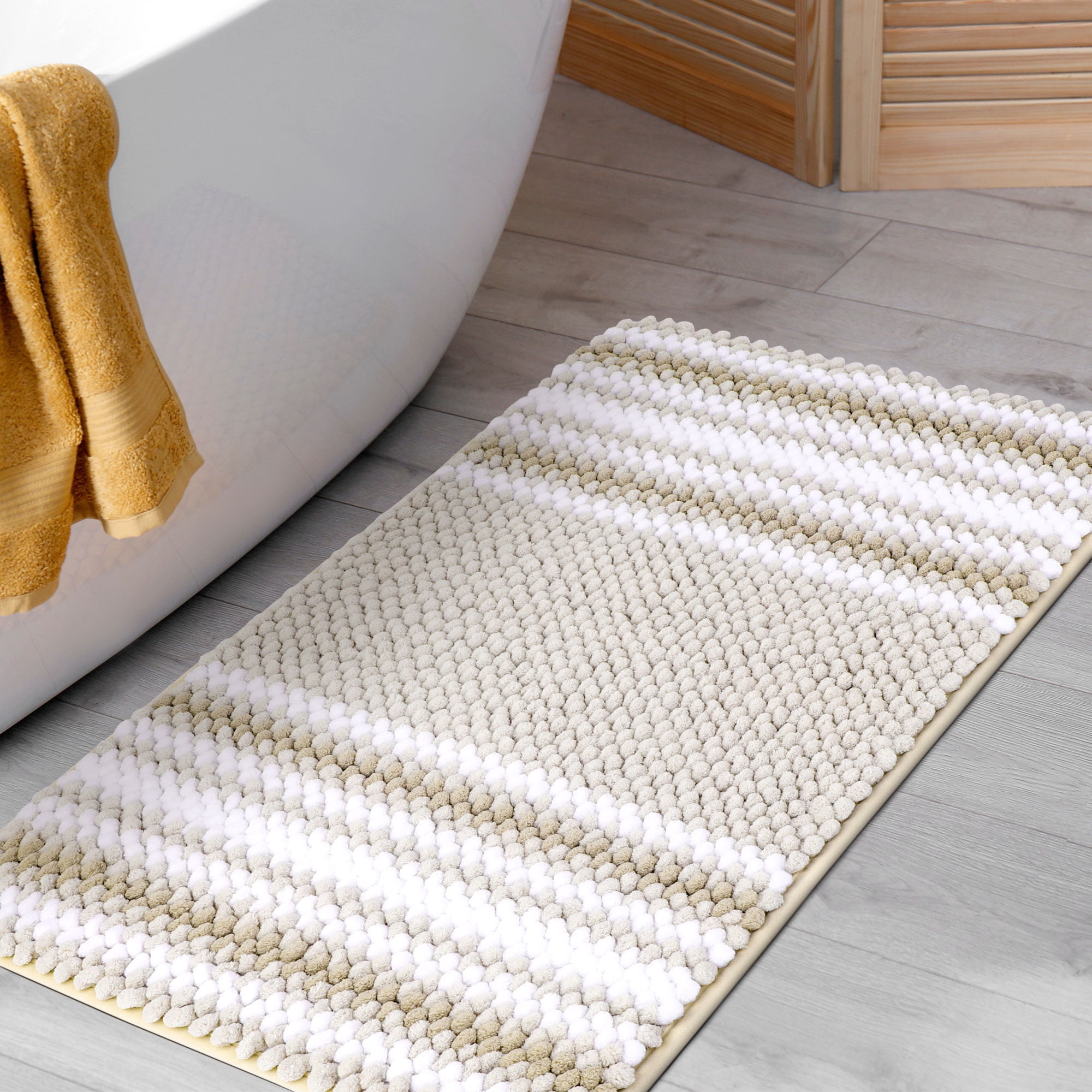 Unique Bargains Chenille Bathroom Rug Soft Fluffy Striped Bath Mat Shaggy Rugs Bone 20"x32"