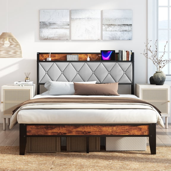 CONCETTA Full Size Heavy Duty Metal Bed Frame, Storage Headboard with Charging Station, Noise Free, No Spring Box Required, 880lbs Capacity