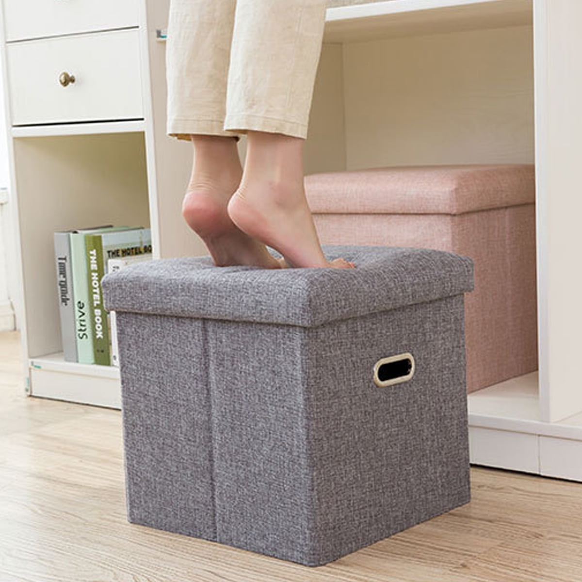 12 Inch Foldable Cube Storage Ottoman Foot Stool Nonwoven Grey