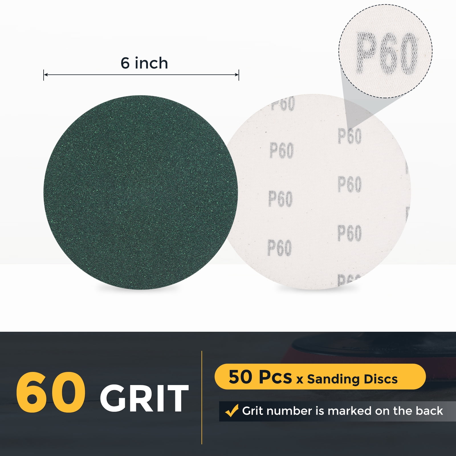 50 Pcs 6 Inch Sanding Disc 60 Grit Hook and Loop Sandpaper Random Orbital Sander Pads for Woodworking, Metal, Stone Grinding and Polishing, Green