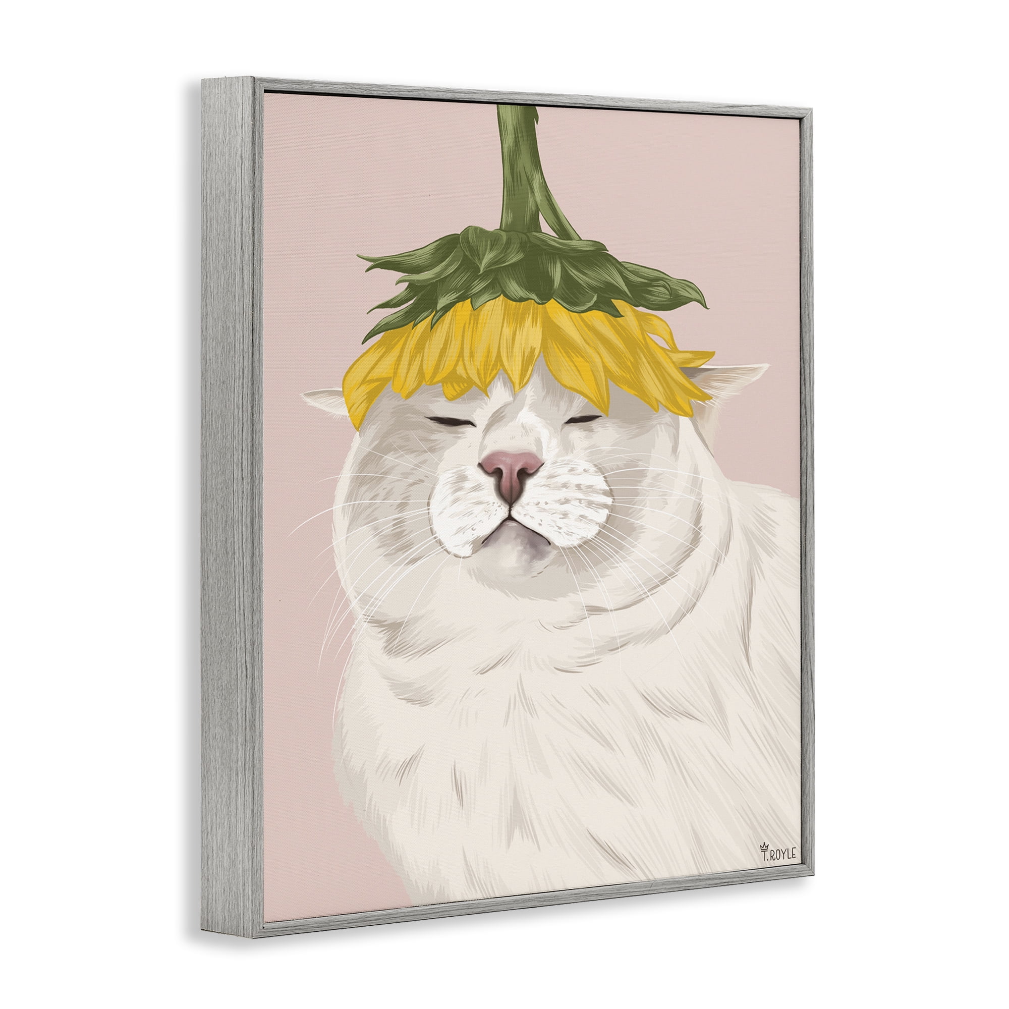Stupell Industries Cat with Daisy on Head Animals & Insects Painting Gray Framed Art Print Wall Art, 11 x 14