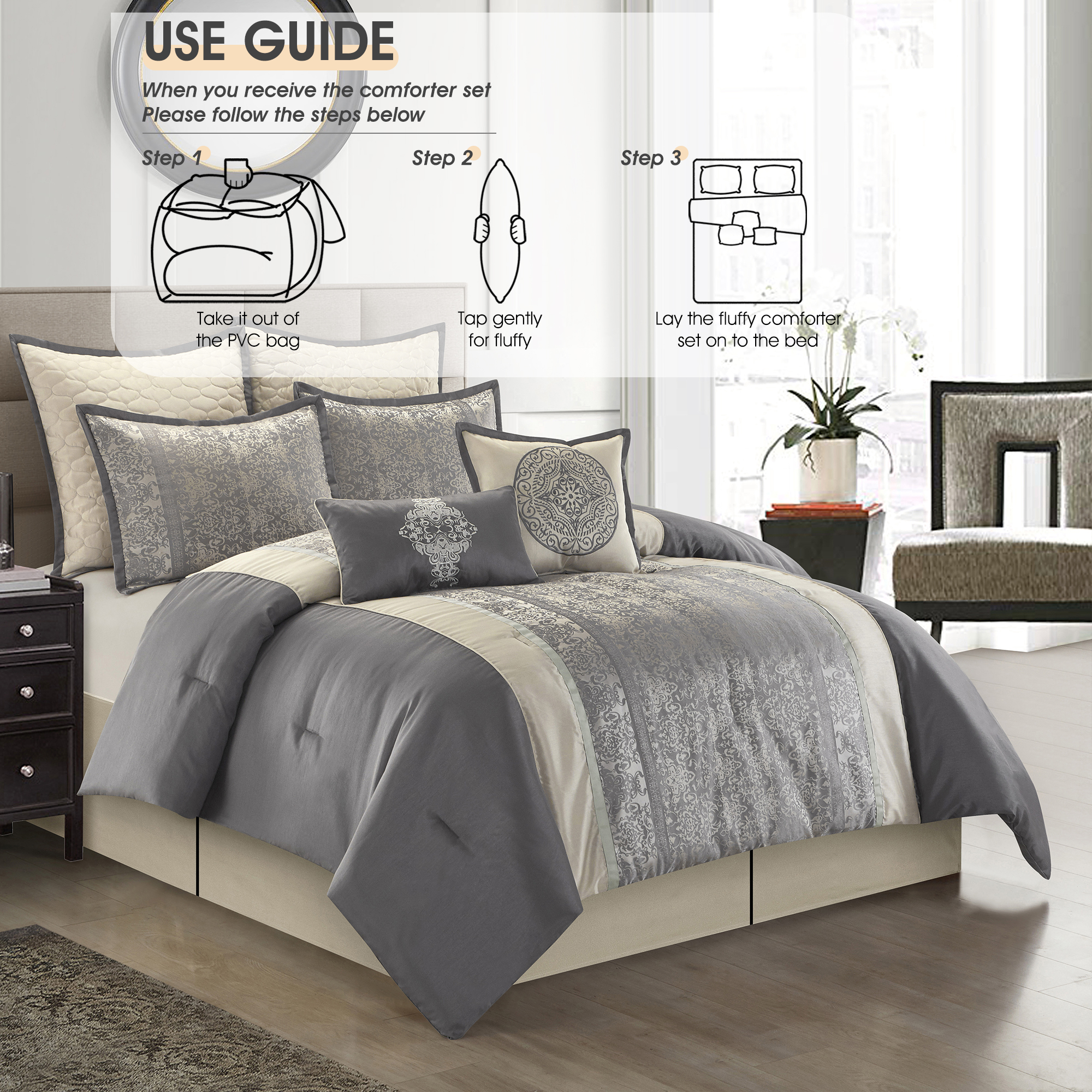 Lanco Damask 8 Piece Comforter Set, Silver/Ivory, King, Fill Polyester, Patchwork
