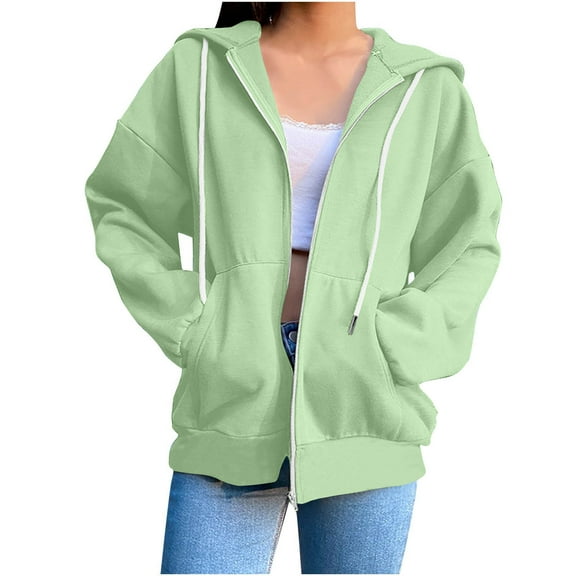 Fesfesfes Women's Cropped Hooded Jacket High Collar Dropped-Shoulder Long Sleeves Ribbed Cuffs Tops with Zipper Soft Fabric for Active Wear(Mint Green#6,M)