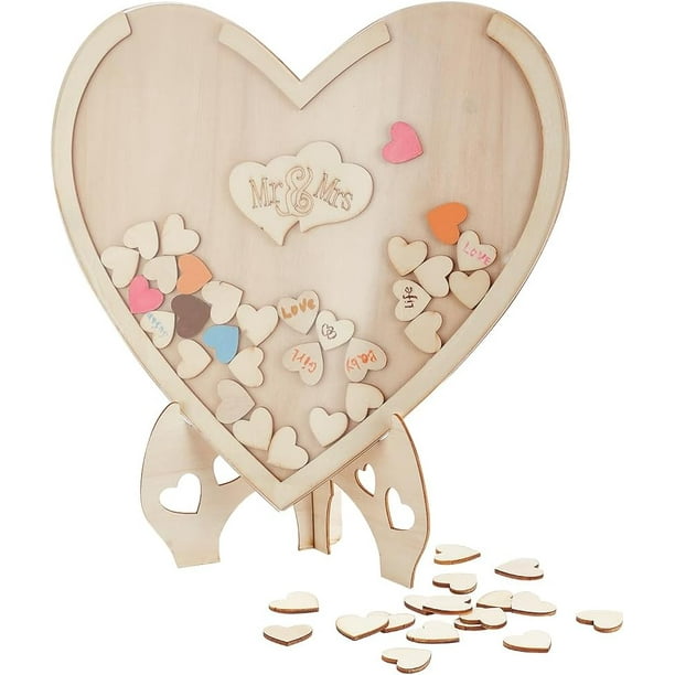 Libro de firmas para bodas con forma de corazón: alternativa rústica. Marco de fotos de madera con 50 corazones de madera para la recepción de la boda.