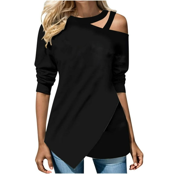 Elainilye Fashion Womens Cotton T Shirts Summer Fold Printed Regular Long Sleeves Round Neck Button Tops Shirts,Black