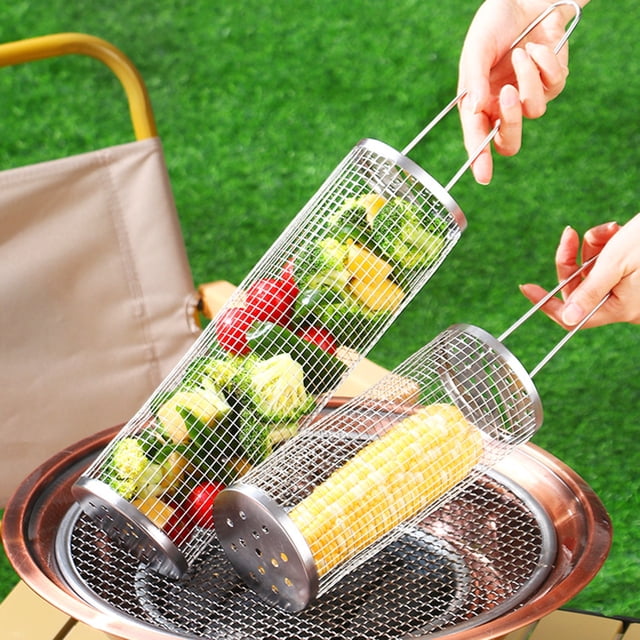LJNYFDC Rounded Corner BBQ Cage Stainless Steel BBQ Cage Heat Resistant Non Sticky Anti Scalding Long Handle Even Heating Large Capacity Rolling