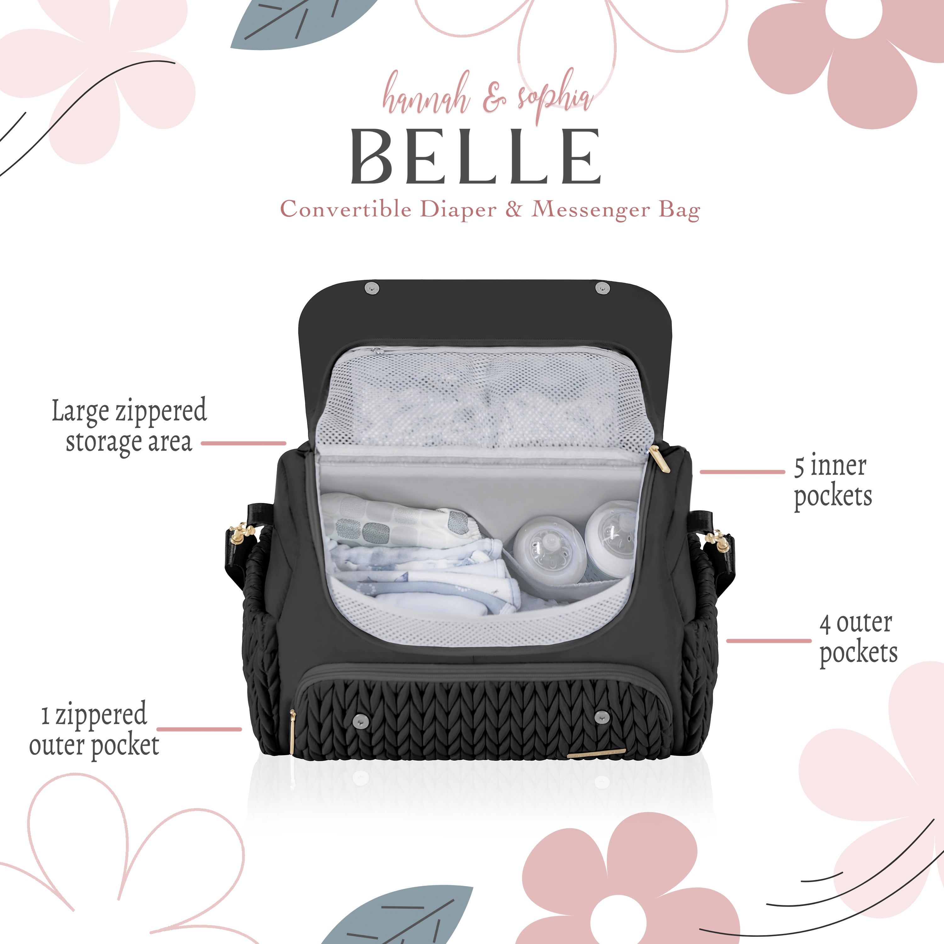 Hannah & Sophia Belle Convertible Diaper Backpack & Messenger Bag – Stylish Everyday Parent Bag, Black Orchid