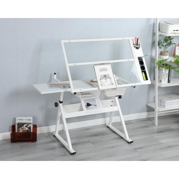 Kumix Adjustable Tempered Glass Drafting Printing Table with Chair, WHITE