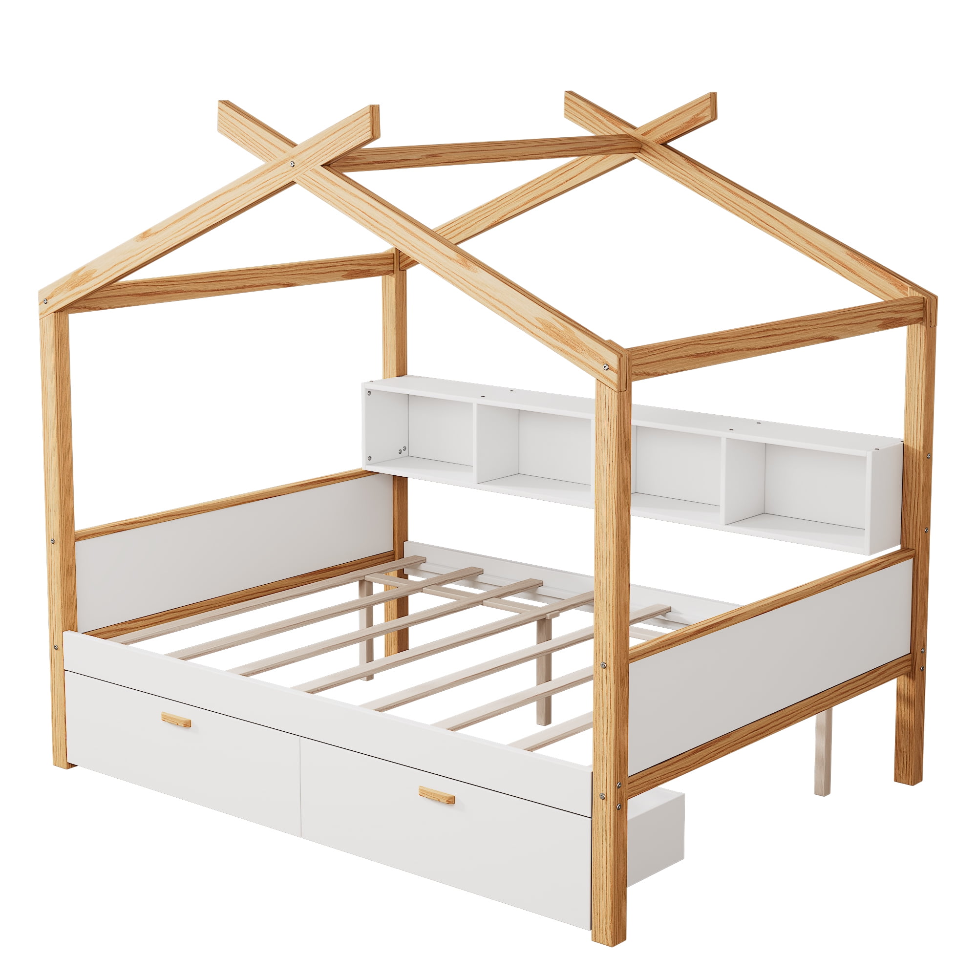 Euroco Wood Full Size House Bed with Bookcase and Drawers, White