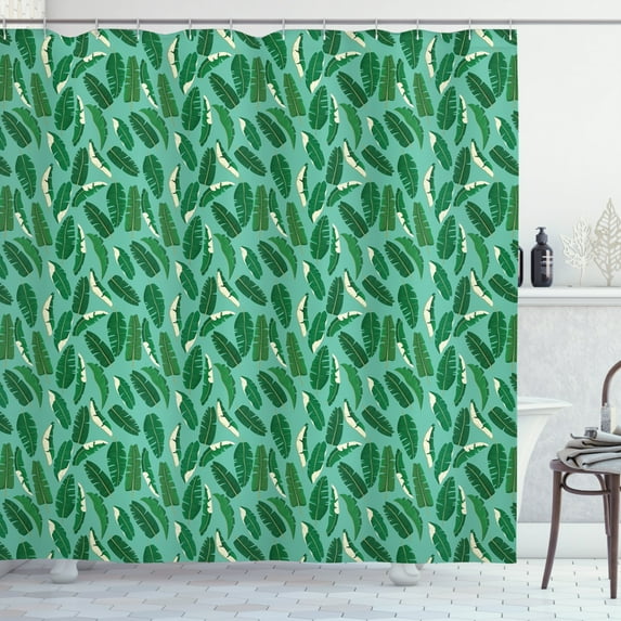 Banana Leaf Shower Curtain, Mingled Foliage Leaves of Banana Plant Exotic Nature Inspired, Fabric Bathroom Set with Hooks, 69W X 84L Inches Extra Long, Green Turquoise and White, by Ambesonne