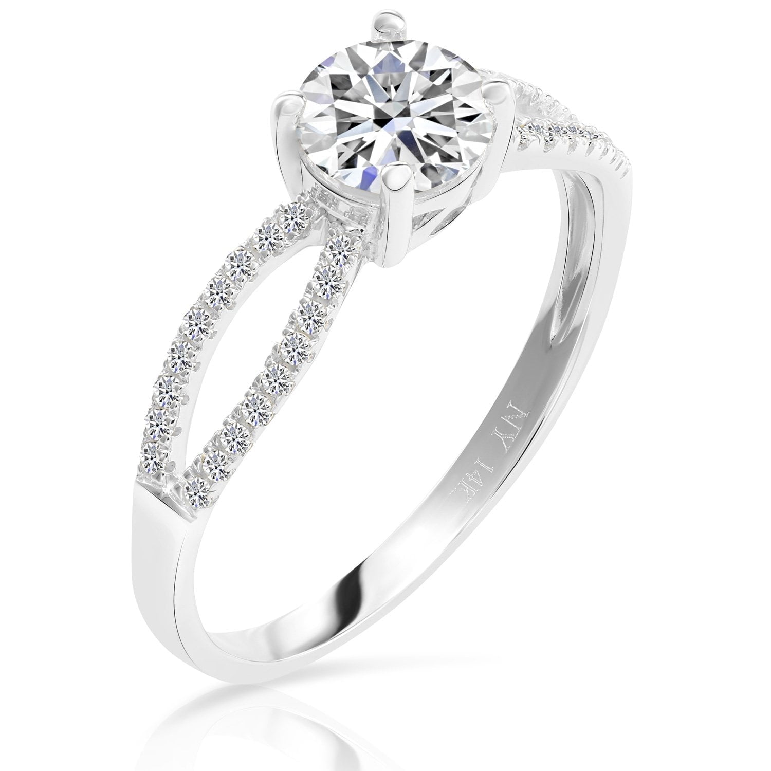 Tilo Jewelry 14K White Gold 1 Carat Solitaire Round Brilliant Engagement Wedding Ring with Side-stone Accents | Size 6 | Classic Engagement Ring for Women