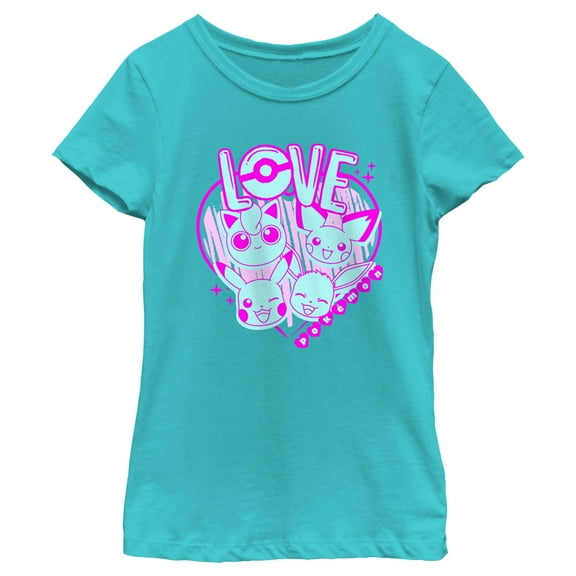 Girl's Pokemon Love Heart Neon Graphic Tee Tahiti Blue Small